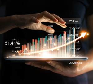 hands holding tablet w bar graph