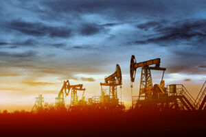 oil pumps at sunset