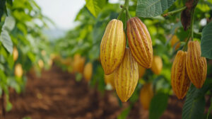 cocoa pods in trees
