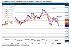 eSignal livestock futures spread chart on 8.31.26
